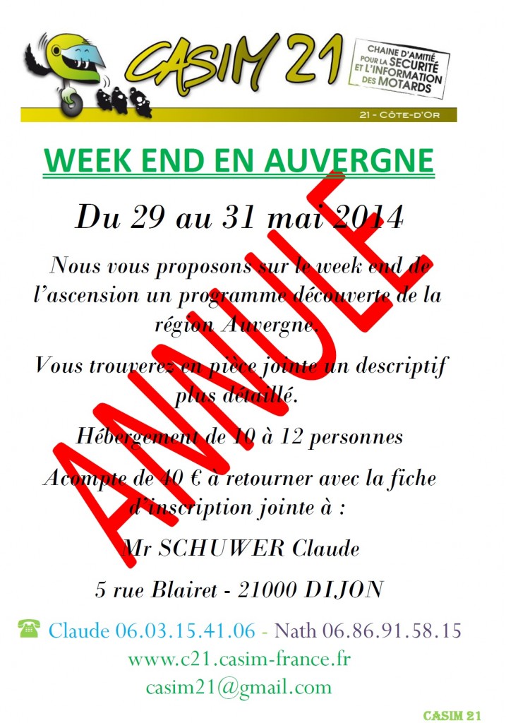 ANNULATION Week end en Auvergne